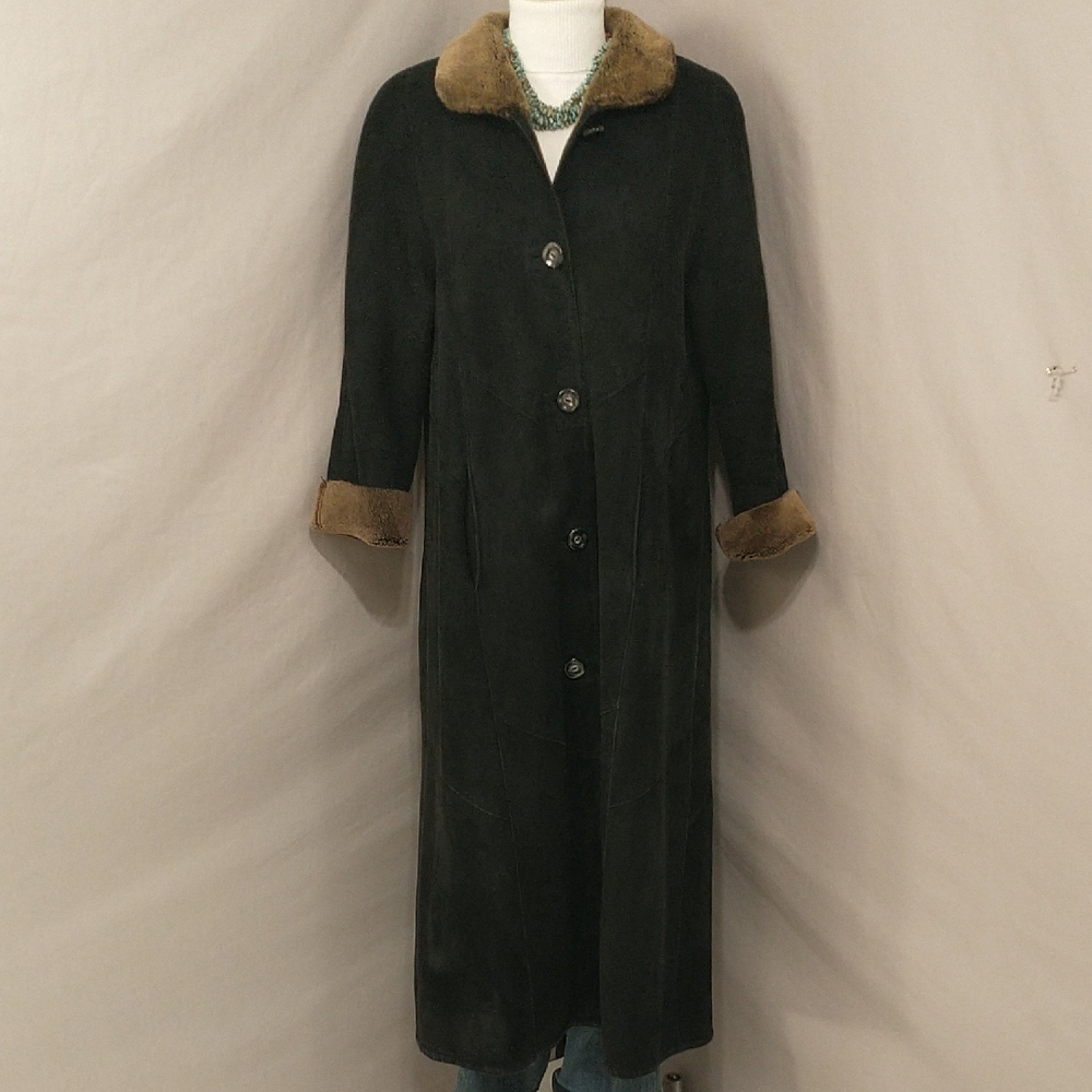 Black Suede Brown Fur Shearling Coat Vintage See Measurem Oversized Warm Leather
